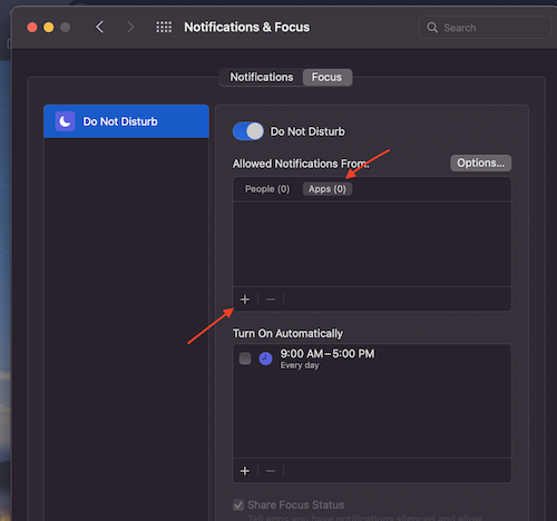 MacOS add app to Focus allow list