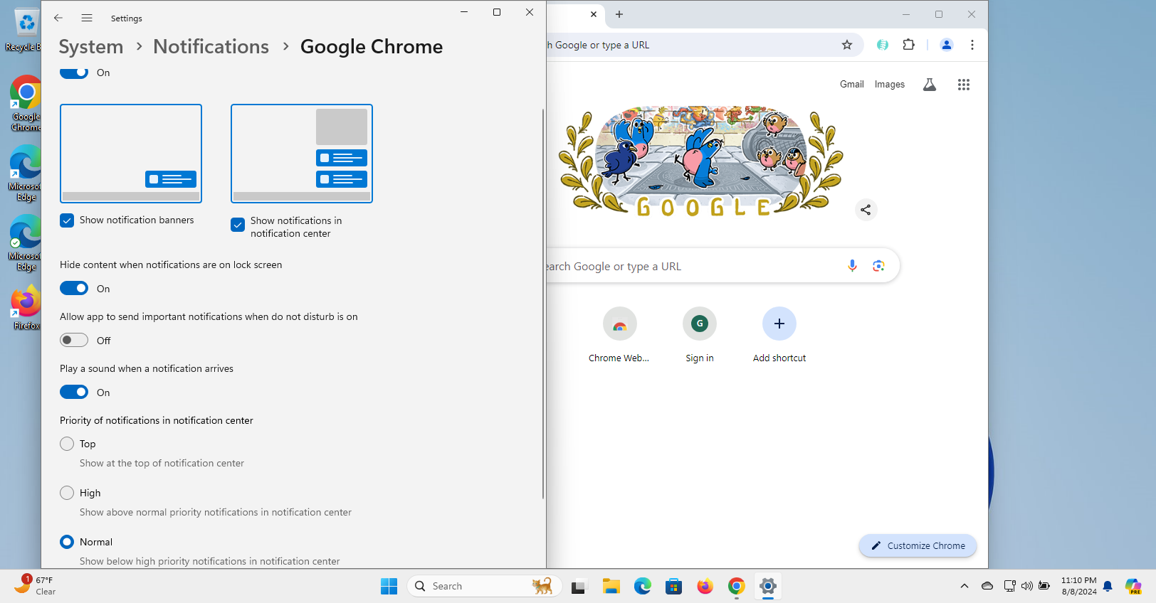 Chrome notification settings panel