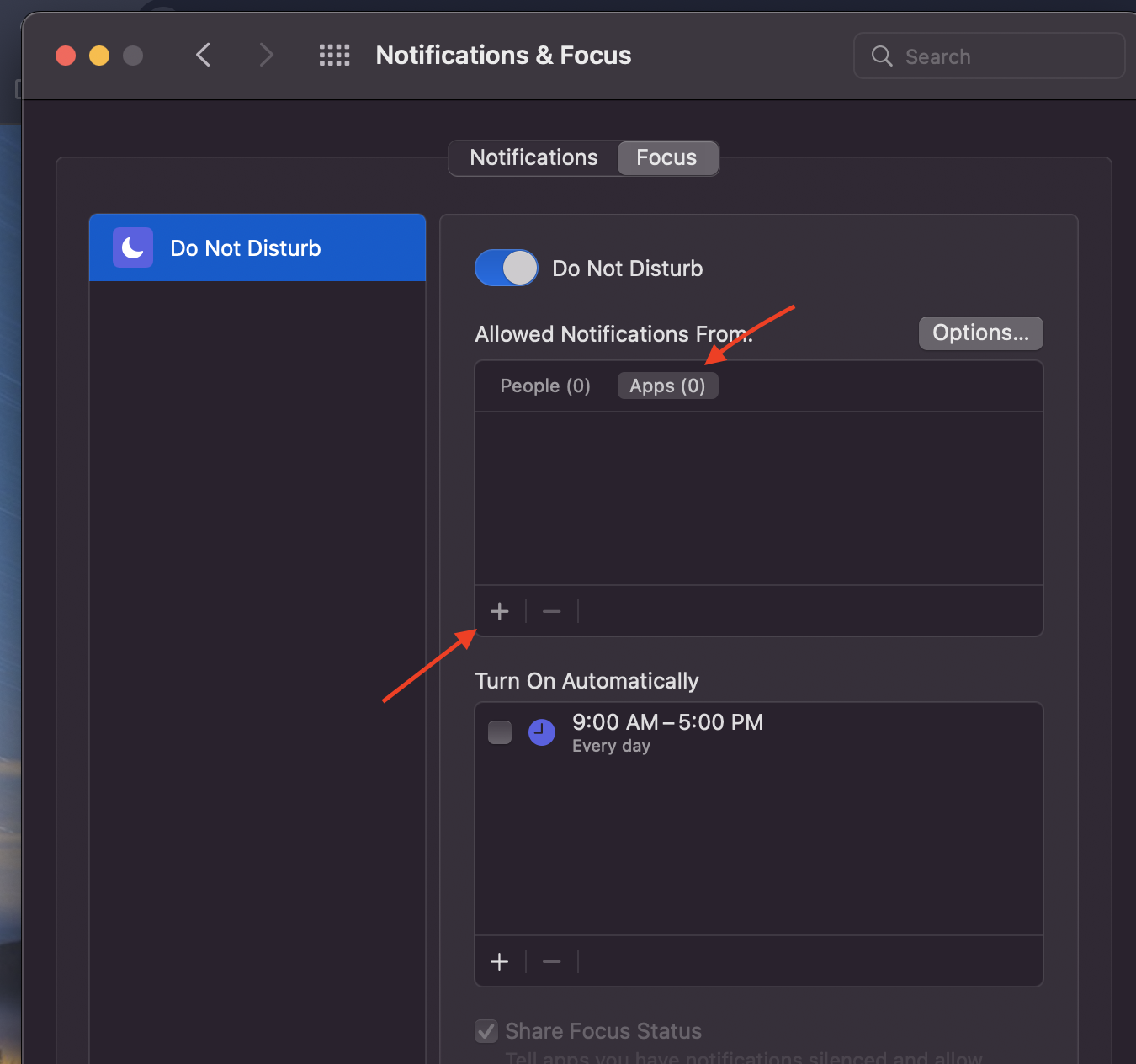 MacOS add app to Focus allow list