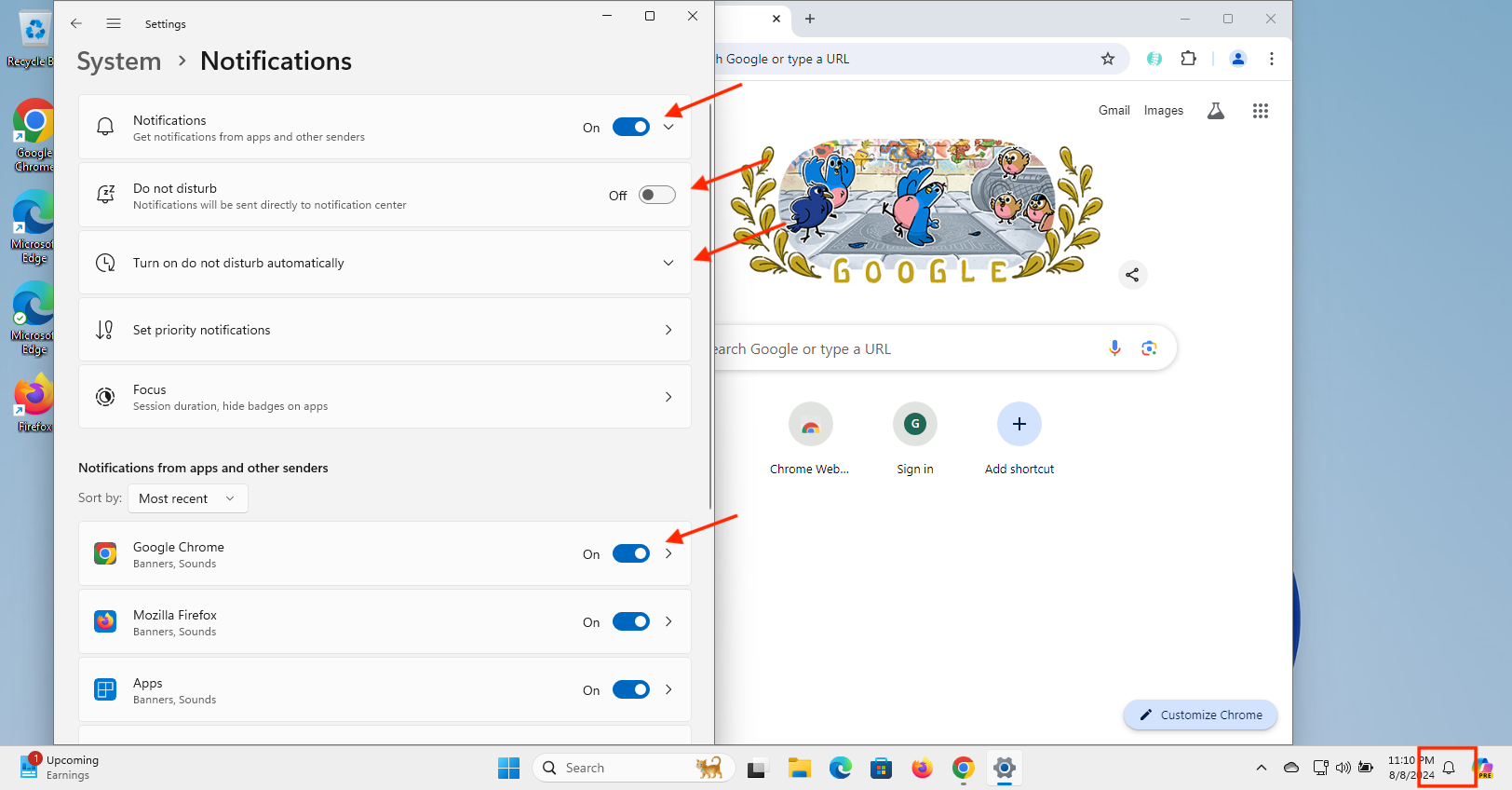 Windows notification settings panel