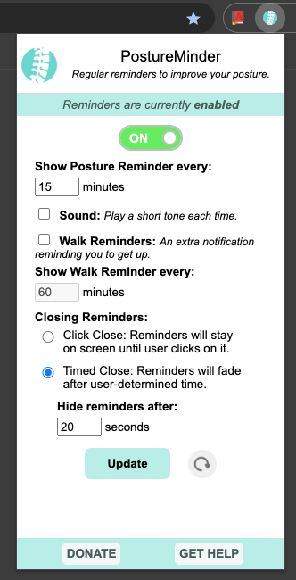 Image of the PostureMinder settings panel